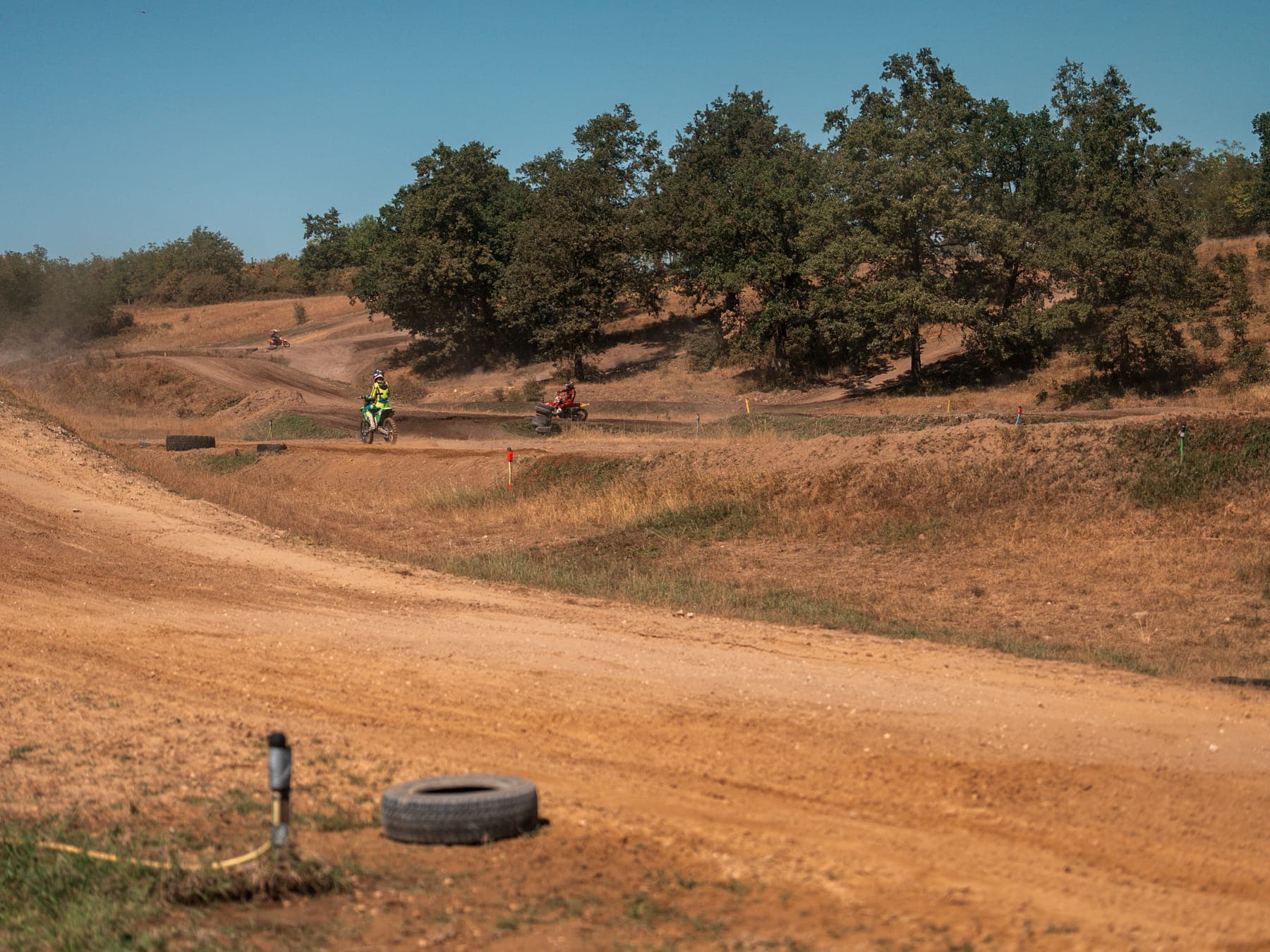 Drei Fahrer auf der Enduro-Runde unter den alten Eichen des Tals